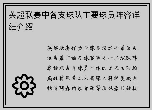 英超联赛中各支球队主要球员阵容详细介绍