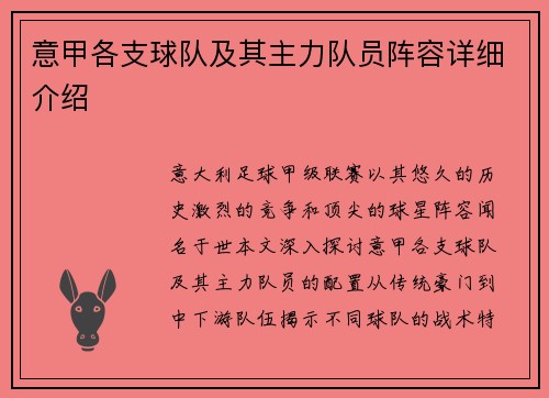 意甲各支球队及其主力队员阵容详细介绍